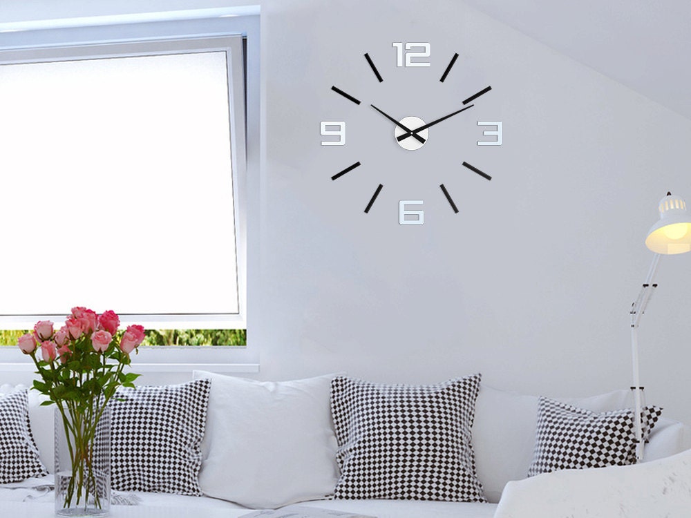 Wall clock, large wall clock,black and mirror, silver xxl, wall