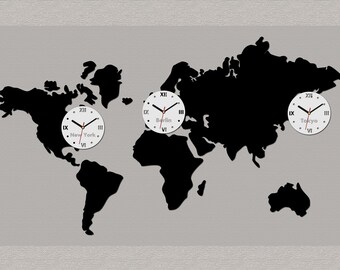 Grande horloge murale WORLD MAP 3 Fuseaux horaires horloge moderne cadeau décoration murale décoration murale GRANDE horloge murale 117,7cm x 70cm / 46,06 « x 27,56 »