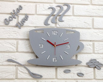 Wanduhr zu Küchenuhr Coffe time STEINGRAU moderne Wanduhr Geschenk Wand-Dekoration Tasse große Wanduhr