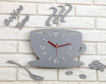 Clock to kitchen wall clock Coffe time STONE GRAY modern clock gift wall decoration cup large wall clock