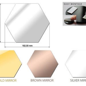 Puede incluir: Tres espejos hexagonales en oro, oro rosa y plata. Cada espejo mide 182 mm por 158 mm. Los espejos se muestran sobre un fondo blanco. El texto EASY MONTAGE es visible en la imagen.