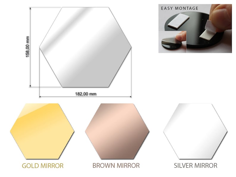 Puede incluir: Tres espejos hexagonales en oro, oro rosa y plata. Cada espejo mide 182 mm por 158 mm. Los espejos se muestran sobre un fondo blanco. El texto EASY MONTAGE es visible en la imagen.