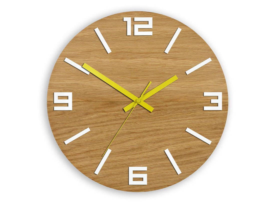 Wood Wall Clock Large Wall Clock OAK White Numbers and Yellow Unique