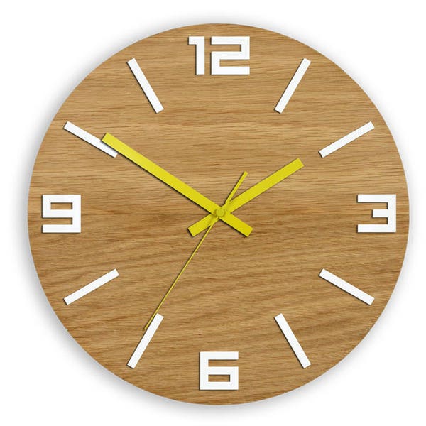 Wood Wall Clock large wall clock  OAK White numbers and yellow Unique wall