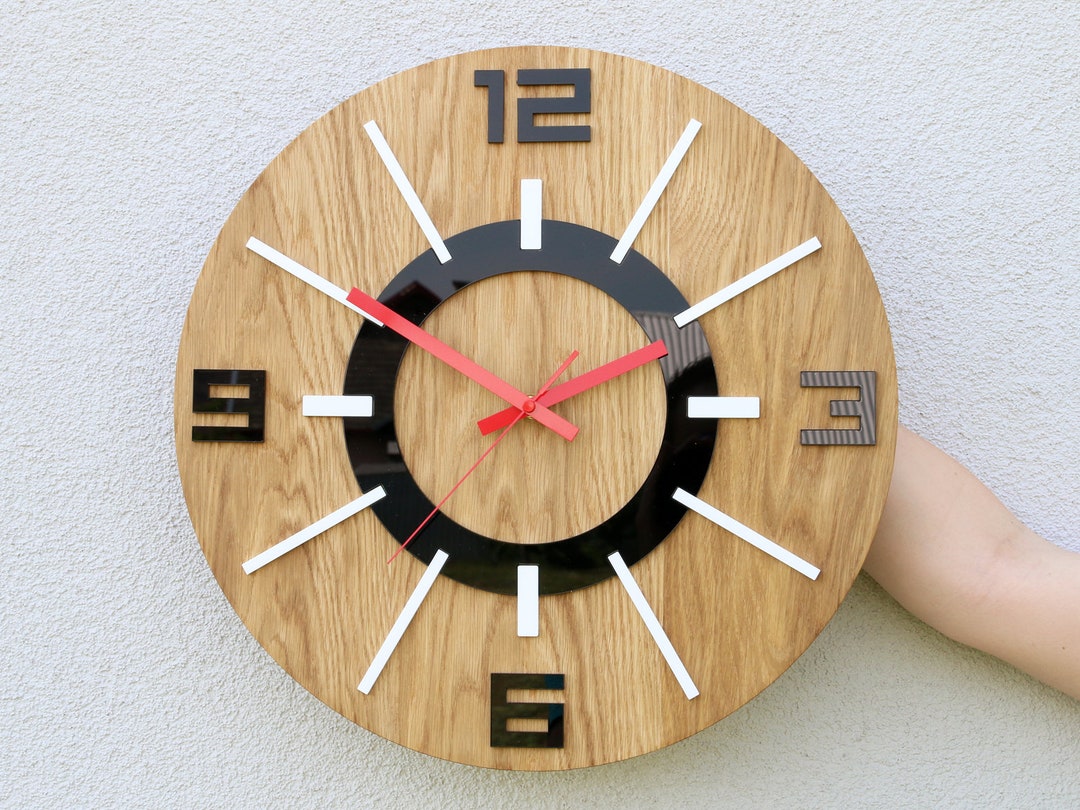 Large Wood Wall Clock, OAK, 40cm, 15.75 , Gift, Unique Wall Clock, Red