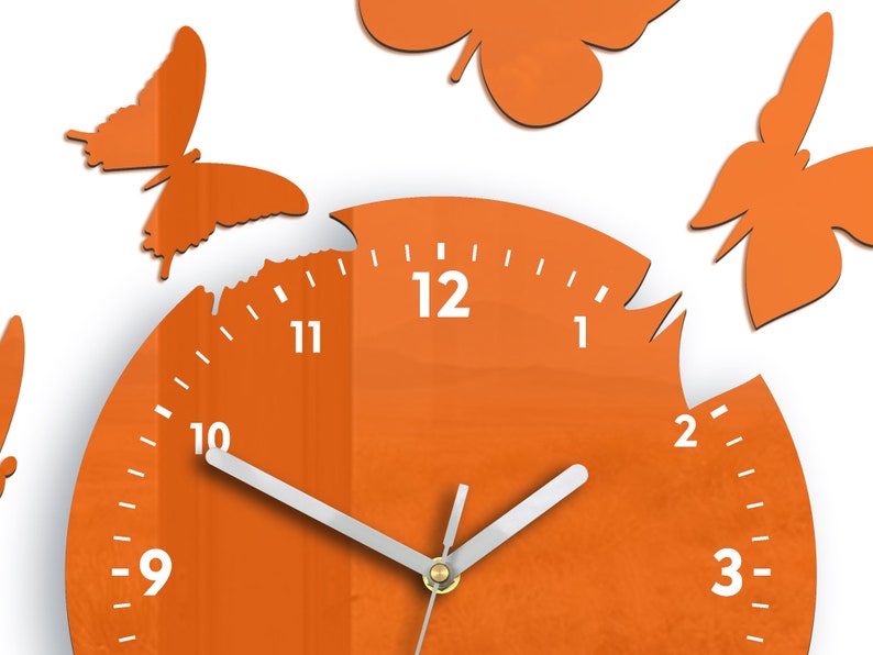 Orange wall clock Butterfly silent modern clock 14 pcs butterflay with mirror, clock with numbers, gift image 2