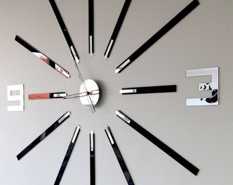 Wanduhr, große Wanduhr, moderne Uhr, Spiegel & Schwarz 115 cm x 115 cm/ 45,28"x45,28"