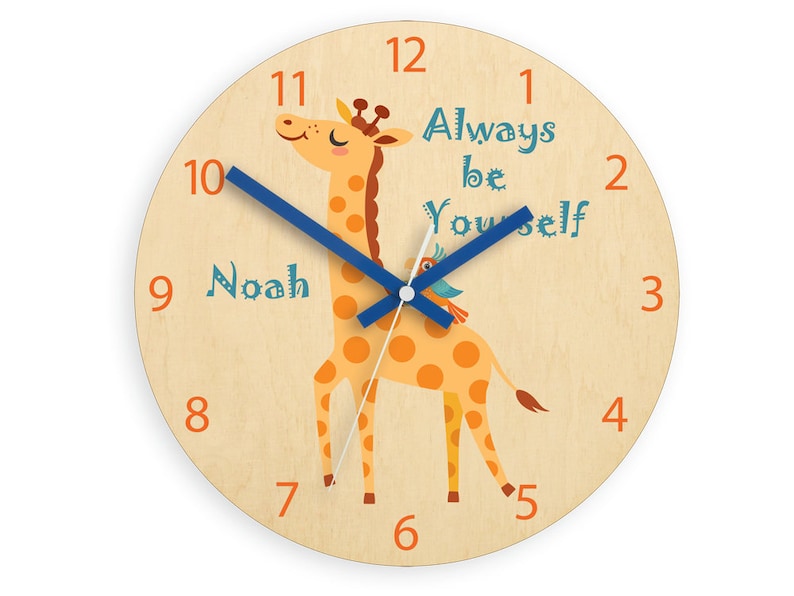 Kids Wall Clock Giraffe With Personalizen Name Wood Childrens Boys Girls