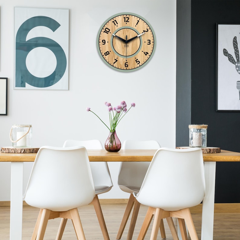 Sage Green Wall Clock With Oak Veneer | Modern Minimalist Wooden Clock ...