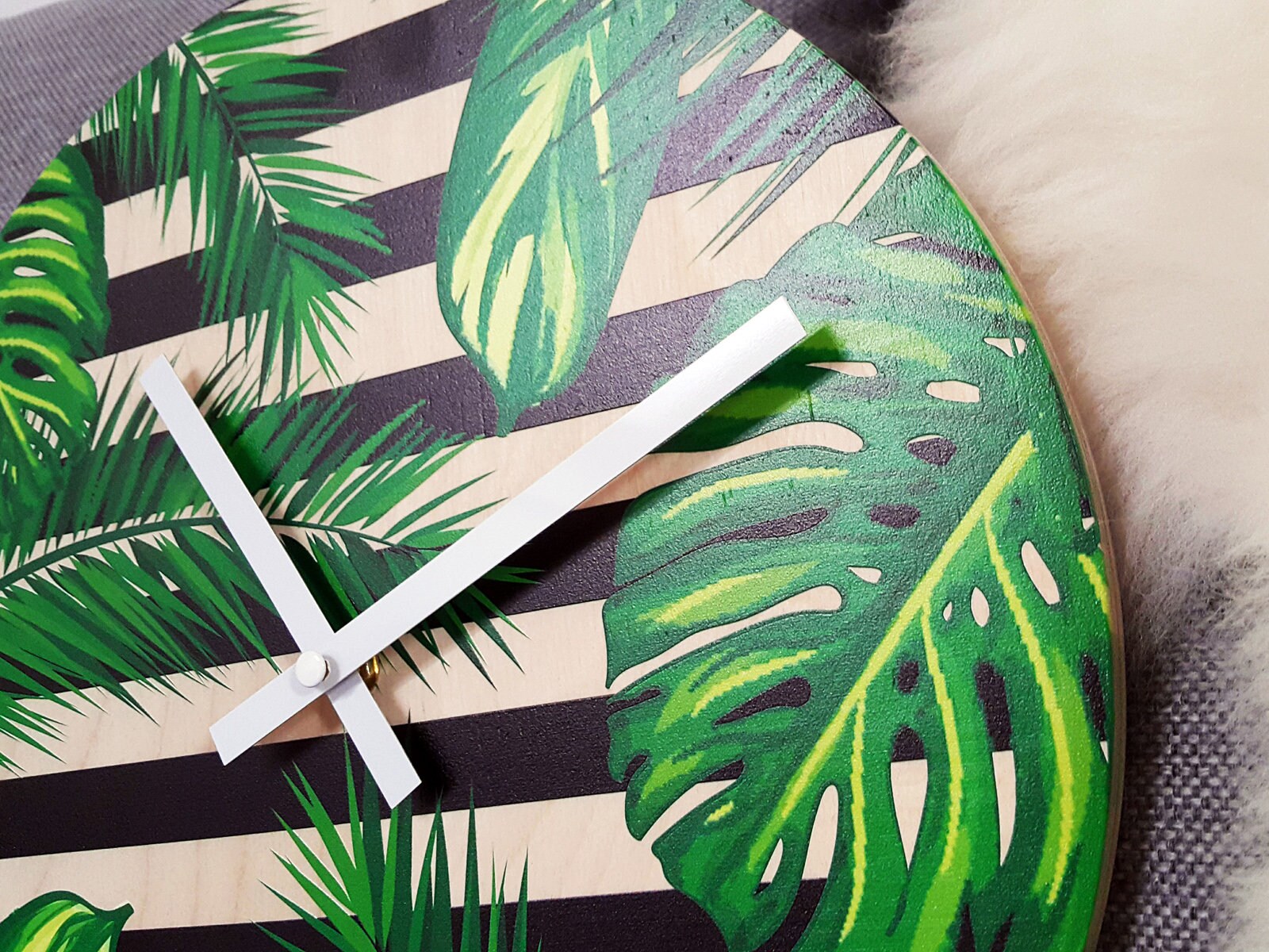 Large wall Clock tropical leaves Wood wall clock Natural wall clock