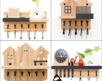 Wooden Key Holder for Wall with Shelf – Entryway Organizer for Keys and Mail – Rustic Key Rack – House Shaped Key Hanger, Housewarming gifts
