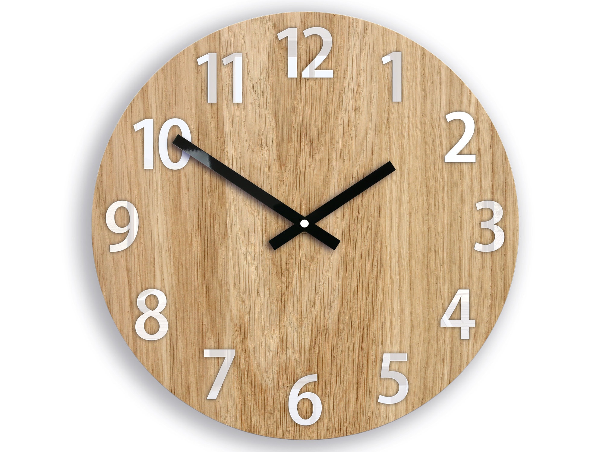Wood wall clock with white numbers, Oak clock 33,5cm / 13,19 ModernClock