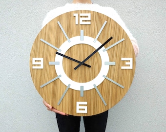 Large wall clock, Rustic OAK wall clock, Natural  Alladyn Stone White, White numbers Gloss,Wood wall clock, Wood clock  19" inch,