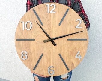Large oak wall clock with stone numbers, wall clock. modern clock. Aksel Wood with black and gray, Unique wall clock, Silent clock