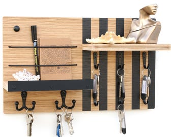 Wall Mounted Organizer for Keys, Notes, Markers, Elastic Mail Holder, Glasses & Papers – 10 Hooks – Modern Oak Wood Entryway Rack – Handmade