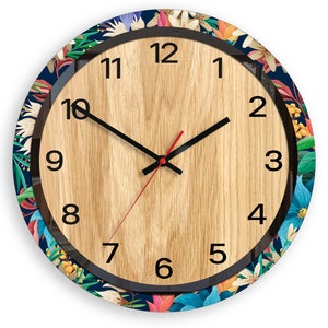 Large wall clock Flowers with frame, silent wood clock with numbers., modern clock 33,5cm / 13,19"