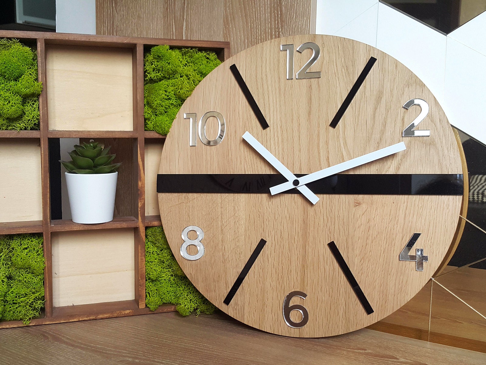 Wall clock in scandinavian style white, black and mirror. large wood
