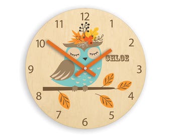 Kids wall clock - owl with personalizen name, Wood clock, Childrens Wall Clock - Kids Clock - Childrens Clock - Boys Clock - Girls Clock