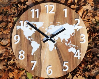 Walnut Clock Wood with World Map Design – Modern Home Decor