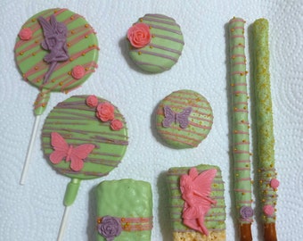 Pink, Purple, Green and Gold Fairy Garden Chocolate Party Pack - cookies, pretzels, lollipop suckers and krispie treats