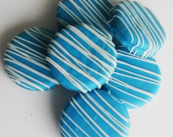 12 Baby Blue Chocolate Covered Oreo Cookies with White Chocolate Drizzle