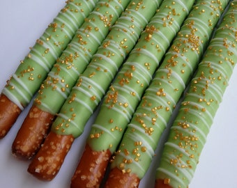 12 Bright Green Chocolate Covered Pretzels with White Chocolate Drizzle and Gold Sprinkles