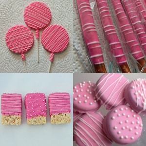 Pink and White Chocolate Party Pack - cookies, pretzels, lollipops and krispie treats