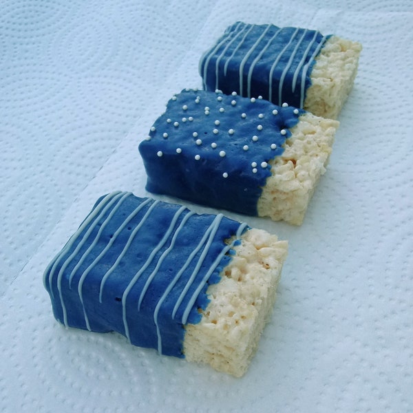 12 Royal Blue and White Chocolate Covered Rice Krispie Treats