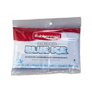 May include: A blue ice pack in a clear plastic bag with the Rubbermaid logo and the text "The Original Blue Ice" in red and white. The bag also includes the text "Ice Substitute - Succedeane Glace - Sustituto del Hielo" and the dimensions "6.1x7x5.1 in/15.5 x 1.8 x 12.9 cm". The bottom of the bag has the text "Freeze Re-Use - Congelez Reutilisez - Congele Disfrute".