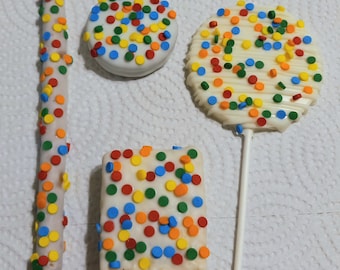 Rainbow Confetti and White Chocolate Party Pack - cookies, pretzels, lollipop suckers and krispie treats