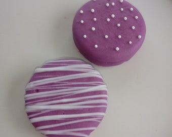 12 Purple Chocolate Covered Oreos with White Chocolate Drizzle and White Dot Sprinkles