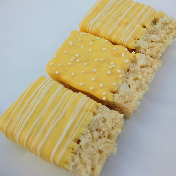 12 Yellow and White Chocolate Covered Rice Krispie Treats