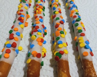 12 White Chocolate Covered Pretzels with Rainbow Confetti Sprinkles