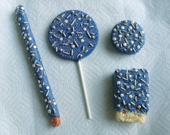 Royal Blue and Silver Chocolate Party Pack - cookies, pretzels, lollipop suckers and krispie treats