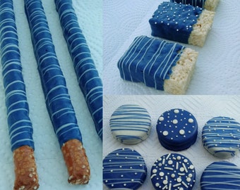 Royal Blue and White Chocolate Party Pack - cookies, pretzels, lollipops and krispie treats