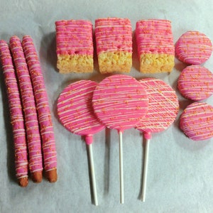 Pink, Gold and White Chocolate Party Pack - cookies, pretzels, lollipops and krispie treats