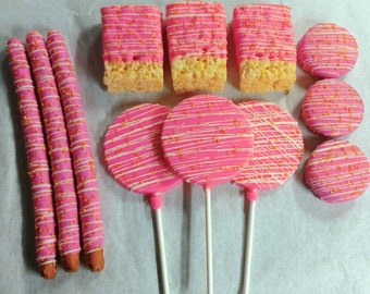 Pink, Gold and White Chocolate Party Pack - cookies, pretzels, lollipops and krispie treats