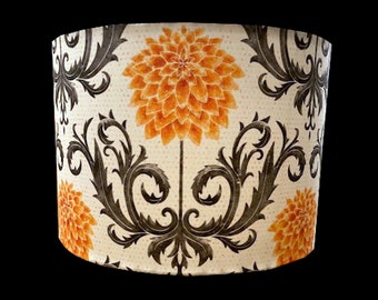 drum shade, lampshade, lamp shade, victorian dahlias, rococo, baroque orange flowers, black and white, black elegant stunning home decor