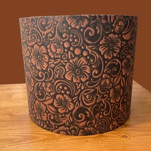 drum shade, lampshade, lamp shade, textured flowers black, rust flowers