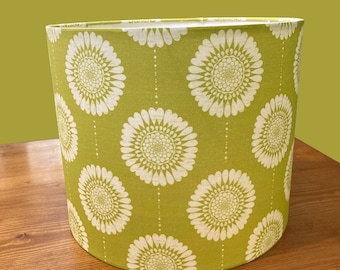 drum shade, lampshade, lamp shade,  home decor, chartreuse, off white, flowers, boho, bohemian, farmhouse