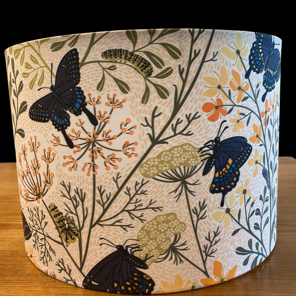 drum shade, lampshade, lamp shade,  home decor, custom fabric,  Beautiful, butterflies,  flora, orange, black, white