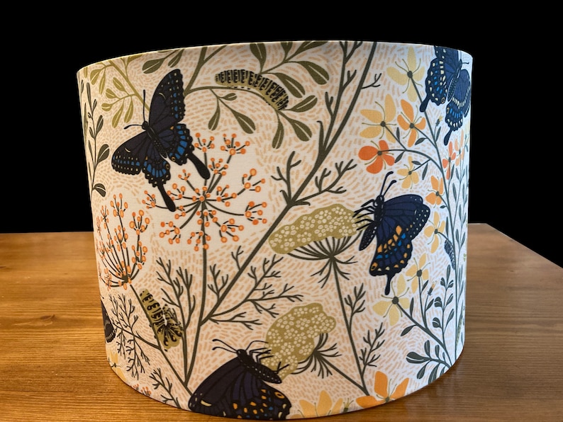 drum shade, lampshade, lamp shade, home decor, custom fabric, Beautiful, butterflies, flora, orange, black, white image 1