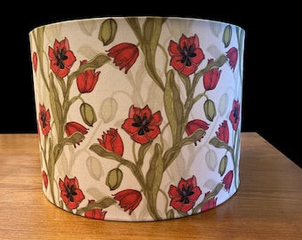 drum shade, lampshade, lamp shade,  home decor, custom fabric,  Beautiful, wild tulip hand drawn, natural baroque floral red