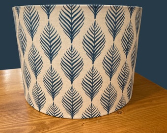 drum shade, lampshade, lamp shade,  home decor, home goods, custom fabric,  French blue palm fronds, cottage, beachy.
