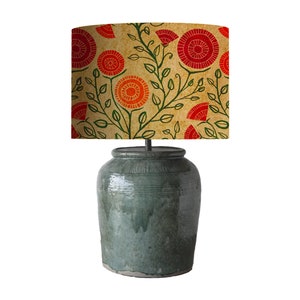 Modern Floral Drum Lampshade, Orange & Green Foliage, Gold Texture