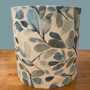 drum shade, lampshade, lamp shade, home decor blue, green, watercolor, botanical, handpainted stems