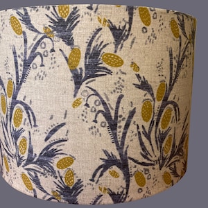 Drum lampshade, custom fabric, blue, gold, flowers, thistle, lamp, shade, French