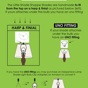 May include: Diagram showing two different types of lamp shade fittings: harp & finial and UNO. The diagram shows how each fitting attaches to a lamp. The text explains that UNO fittings can be converted to harp & finial fittings using a lamp shade light bulb clip adapter.