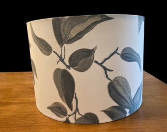 drum shade, lampshade, lamp shade,  home decor, white, gray, leaves, cottage, peaceful, farmhouse