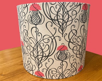 SAMPLE SALE:  10&quot; tall X 12&quot; wide drum shade, lampshade,  custom fabric, art nouveau, Thistle, Parisian, French, pink, beige, black flowers